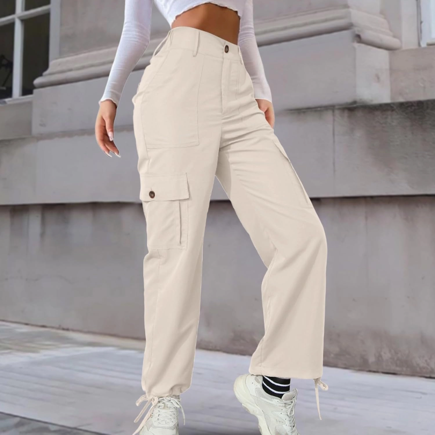 Y2K Cargo Pants for Women Straight Leg Casual Parachute Pants Elastic High Waist Flap Pockets Trousers Streetwear