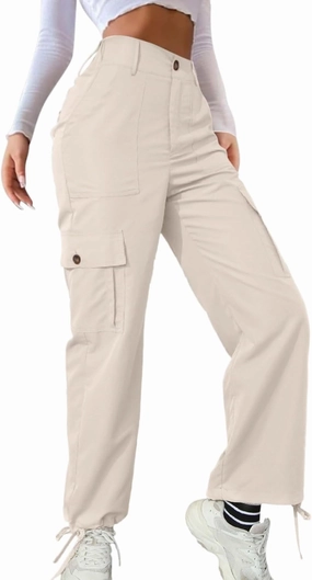 Y2K Cargo Pants for Women Straight Leg Casual Parachute Pants Elastic High Waist Flap Pockets Trousers Streetwear
