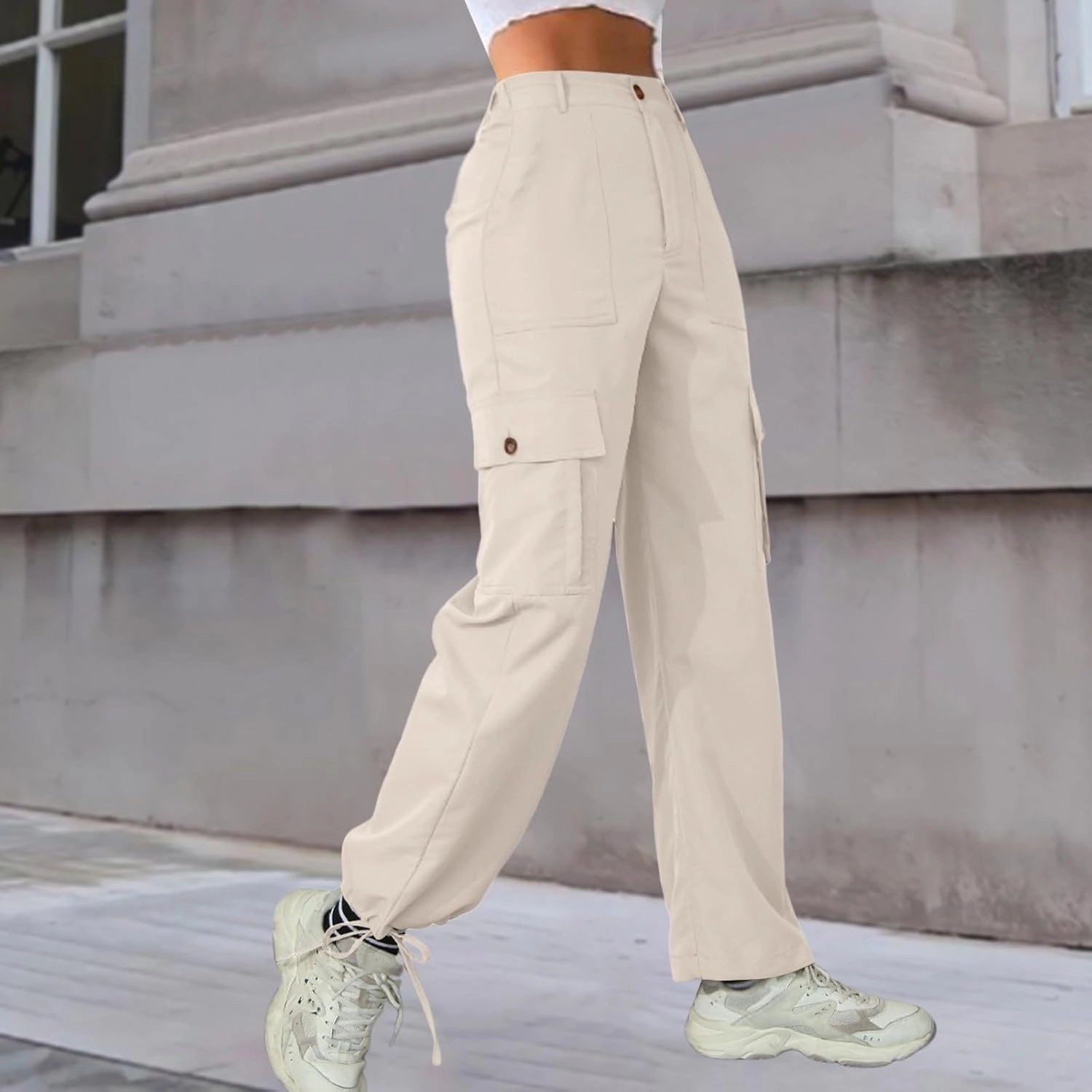 Y2K Cargo Pants for Women Straight Leg Casual Parachute Pants Elastic High Waist Flap Pockets Trousers Streetwear