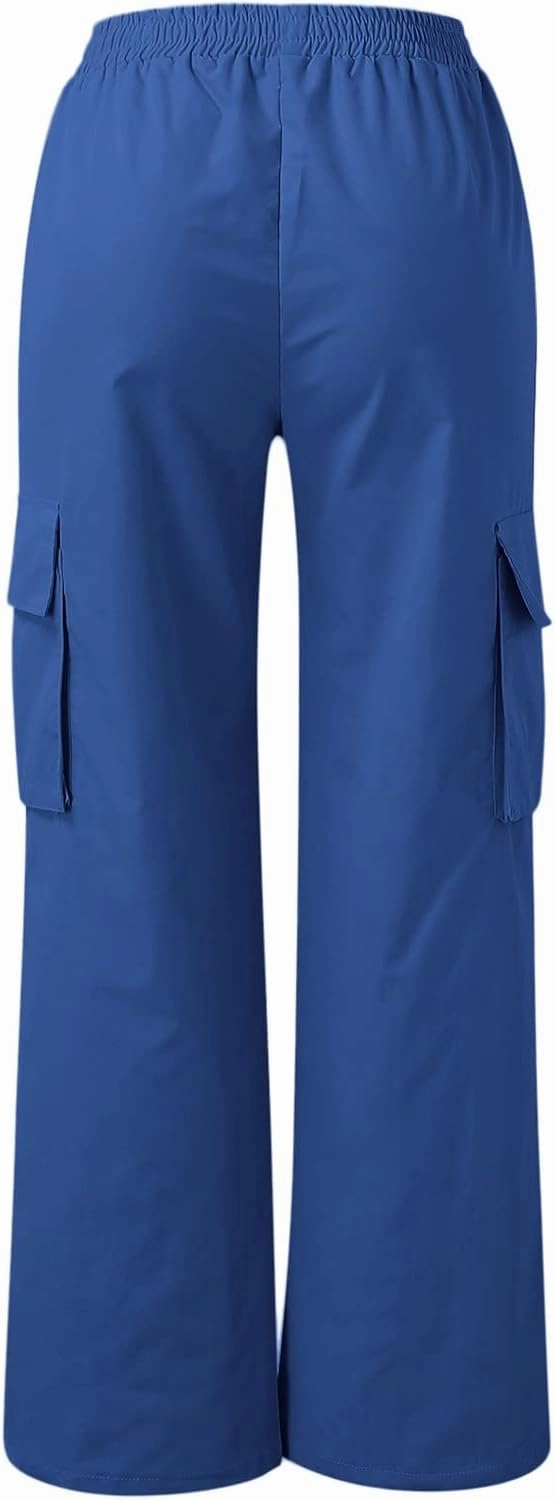 Y2K Cargo Pants for Women Straight Leg Casual Parachute Pants Elastic High Waist Flap Pockets Trousers Streetwear