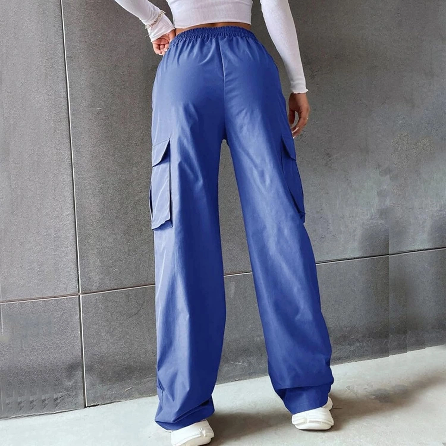 Y2K Cargo Pants for Women Straight Leg Casual Parachute Pants Elastic High Waist Flap Pockets Trousers Streetwear