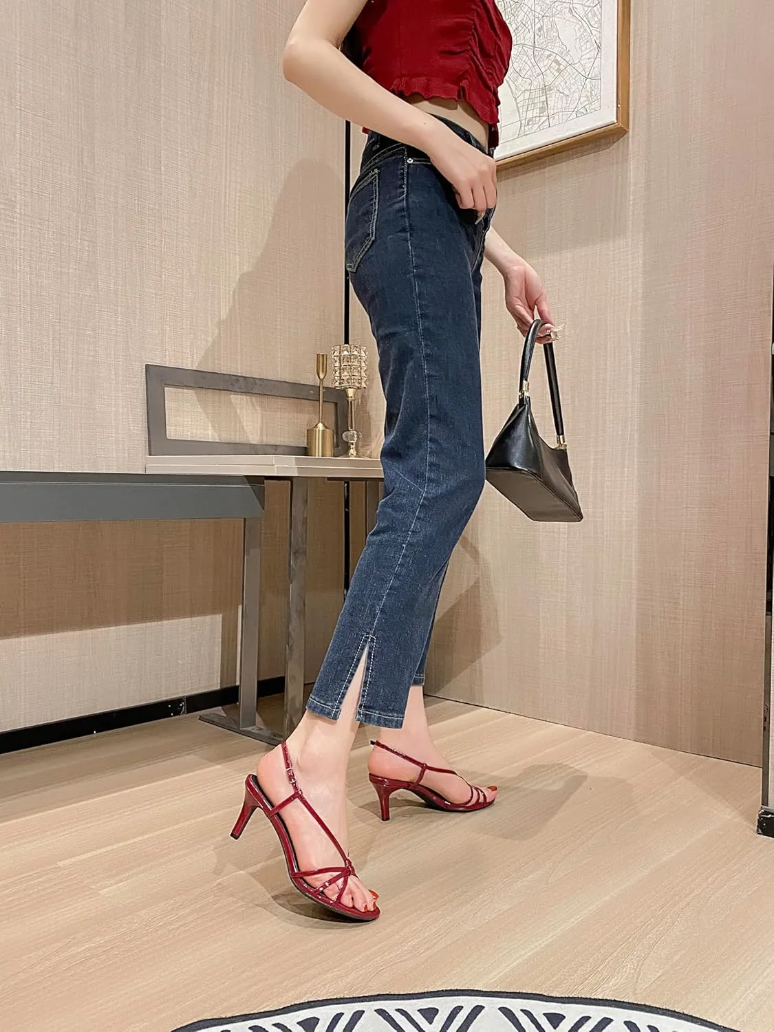 YIYA Women's Metallic Strappy Kitten Heels Sandals Open Round Toe Stiletto High Heels Party Prom Dress Ankle Strap Sandals
