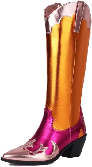 YIYA Women's Multicolor Metallic Pink and Orange Cowgirl Cowboy Knee High Boots Pointed Toe Chunky Block Heel Western Boots Vintage Pull On Tabs Mid Calf Boot