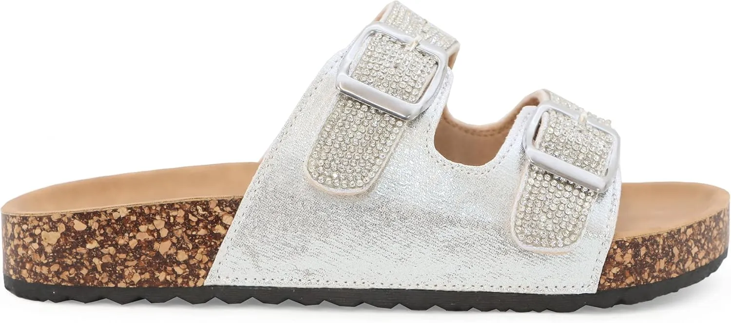 YOKI GIENNA-50Y Girls Sandals with Rhinestone-Encrusted Buckles, Cushioned Cork Footbed Flats, Girls Summer Sandals