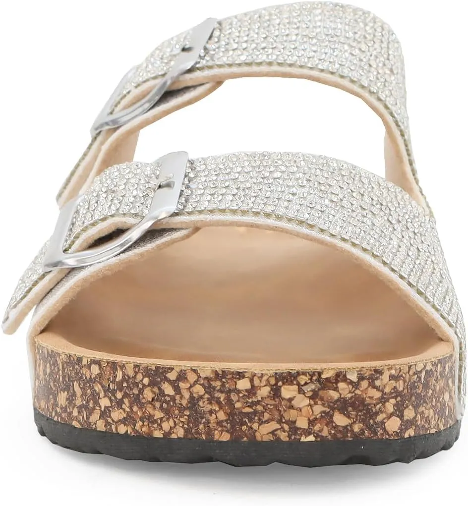 YOKI GIENNA-50Y Girls Sandals with Rhinestone-Encrusted Buckles, Cushioned Cork Footbed Flats, Girls Summer Sandals