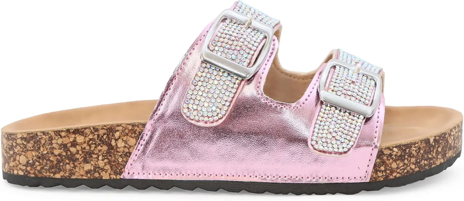 YOKI GIENNA-50Y Girls Sandals with Rhinestone-Encrusted Buckles, Cushioned Cork Footbed Flats, Girls Summer Sandals