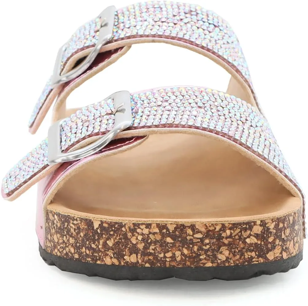 YOKI GIENNA-50Y Girls Sandals with Rhinestone-Encrusted Buckles, Cushioned Cork Footbed Flats, Girls Summer Sandals