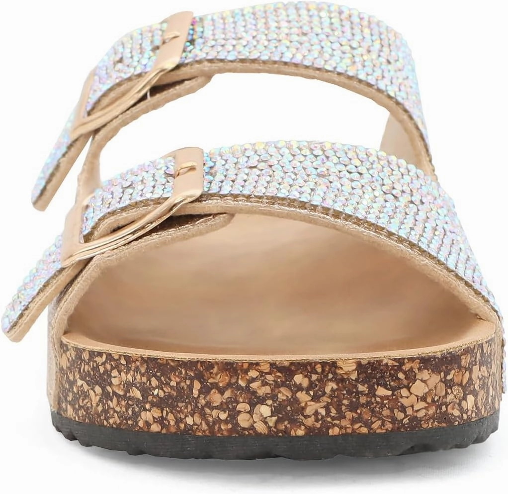 YOKI GIENNA-50Y Girls Sandals with Rhinestone-Encrusted Buckles, Cushioned Cork Footbed Flats, Girls Summer Sandals