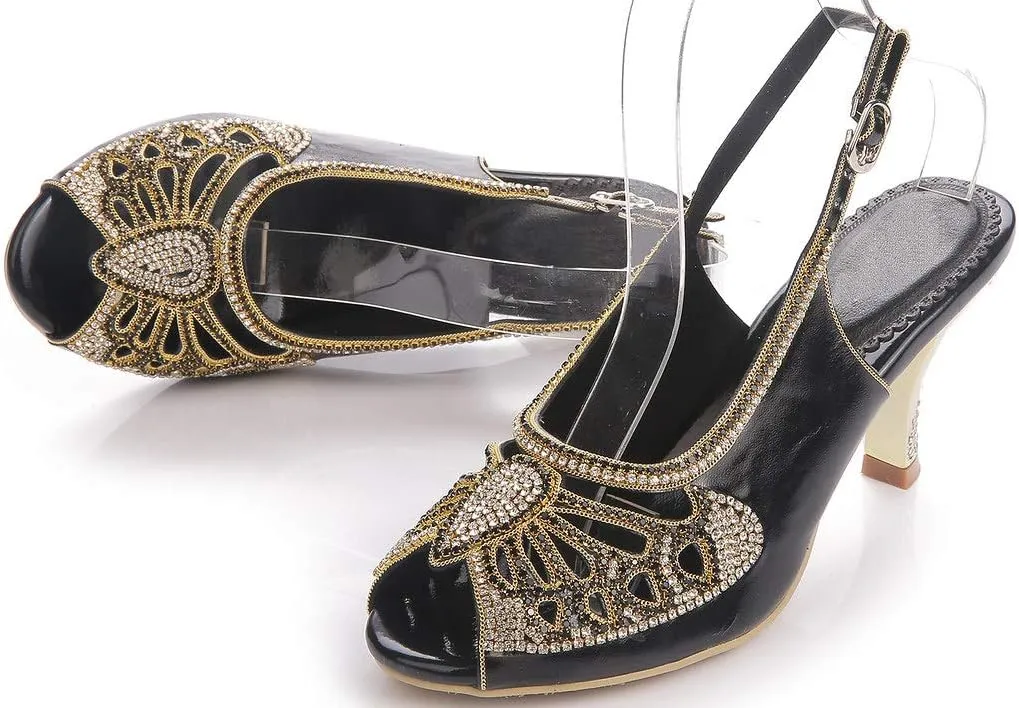 YooPrettyz Women Sparkle Peep Toe Evening Pumps Low Heels Cutout Dress Kitten Heels