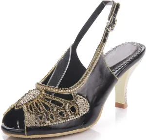 YooPrettyz Women Sparkle Peep Toe Evening Pumps Low Heels Cutout Dress Kitten Heels