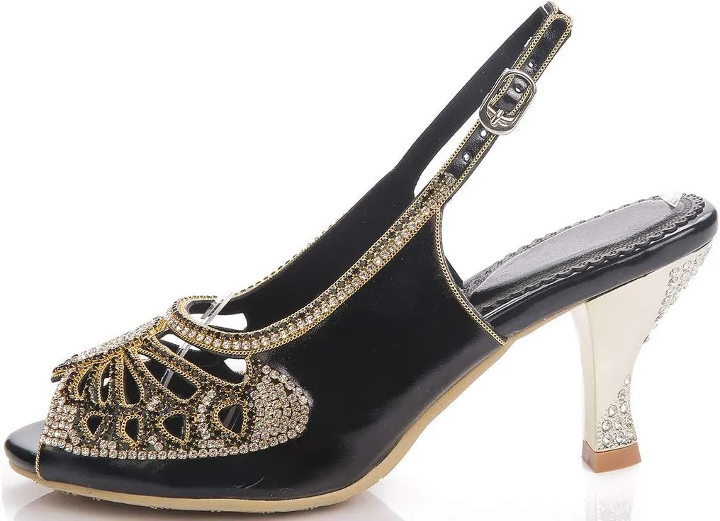 YooPrettyz Women Sparkle Peep Toe Evening Pumps Low Heels Cutout Dress Kitten Heels
