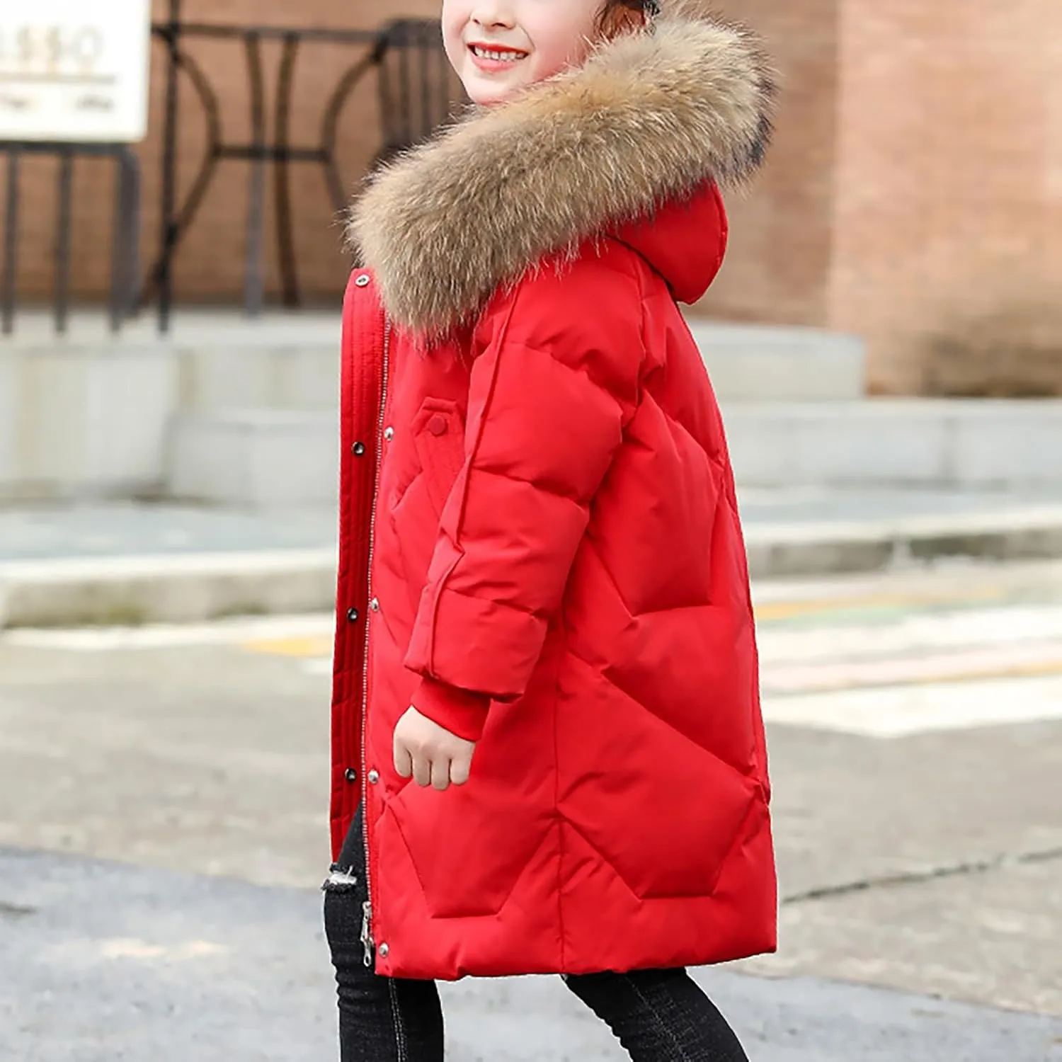 Youth Girls Long Heavyweight Puffer Jacket with Fur Hood Winter Coat Kids Thicken Padded Down Coat Snow Ski Jacket