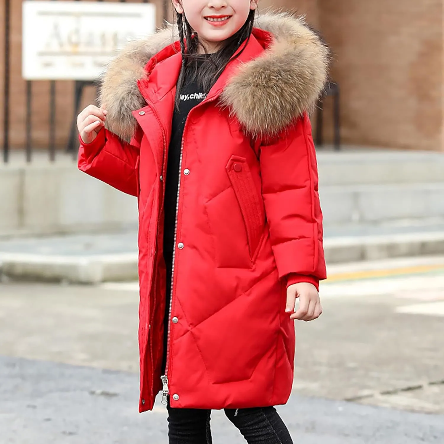 Youth Girls Long Heavyweight Puffer Jacket with Fur Hood Winter Coat Kids Thicken Padded Down Coat Snow Ski Jacket