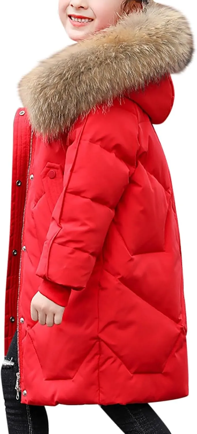 Youth Girls Long Heavyweight Puffer Jacket with Fur Hood Winter Coat Kids Thicken Padded Down Coat Snow Ski Jacket