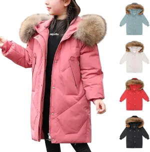 Youth Girls Long Heavyweight Puffer Jacket with Fur Hood Winter Coat Kids Thicken Padded Down Coat Snow Ski Jacket
