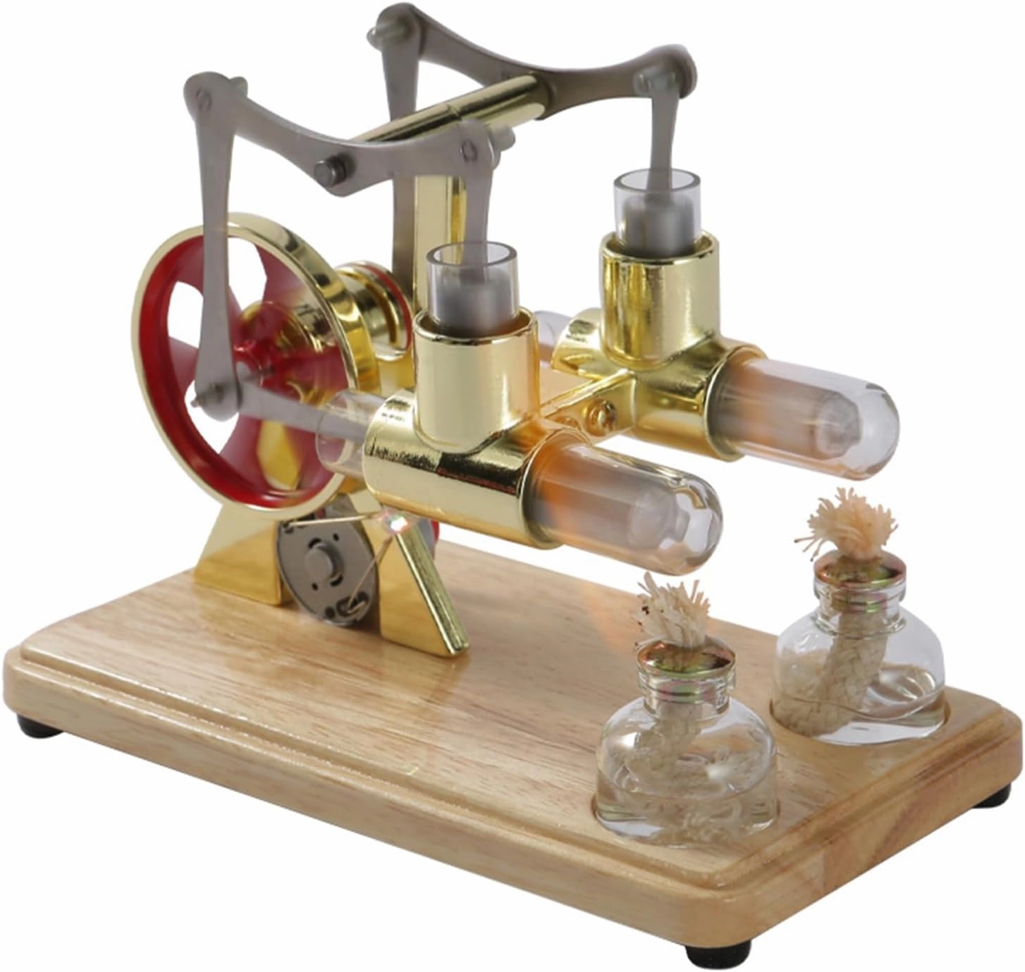 ZJchao Stirling Engine Kit - Twin Cylinder Balance with Oak Baseplate, Drip Craftsmanship for Educational Displays and Children Entertainment (Gold)