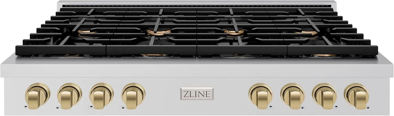 ZLINE 48 in. Autograph Edition Paramount Gas Rangetop with 8 Burners and Porcelain Cooktop in Stainless Steel with Champagne Bronze Accents (SRTZ-48-CB)